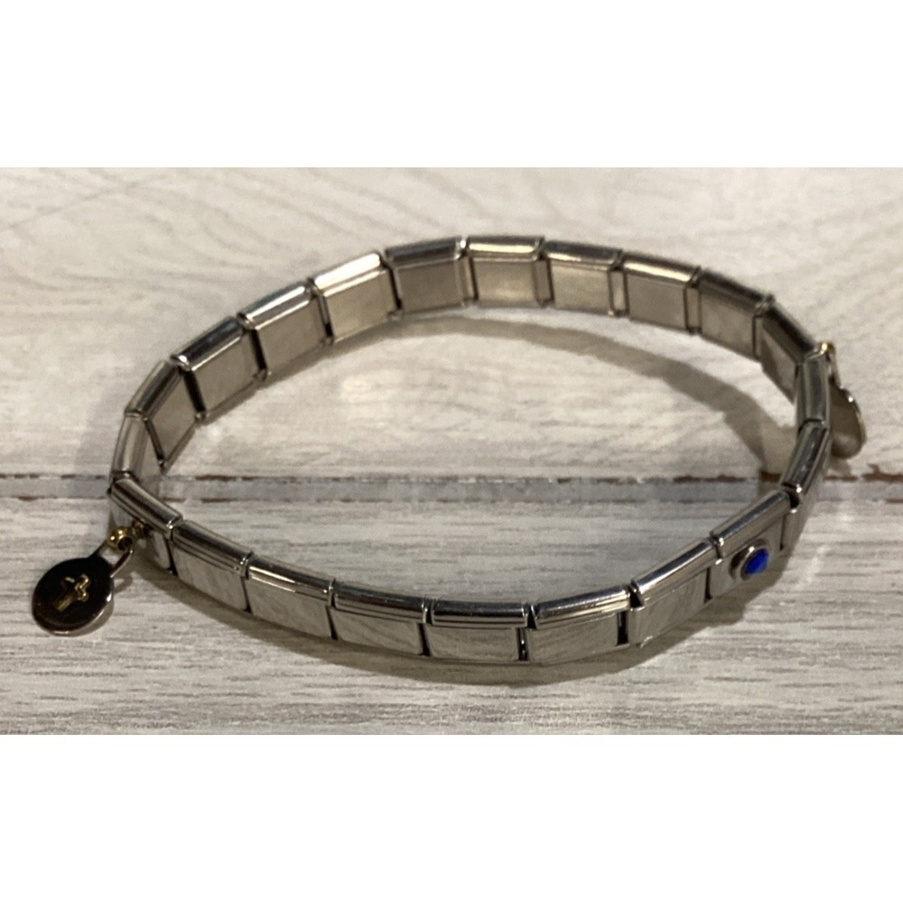Silvertone Bracelet w/Blue "Sapphire" Stone Religious‎ Charms Textured Vintage